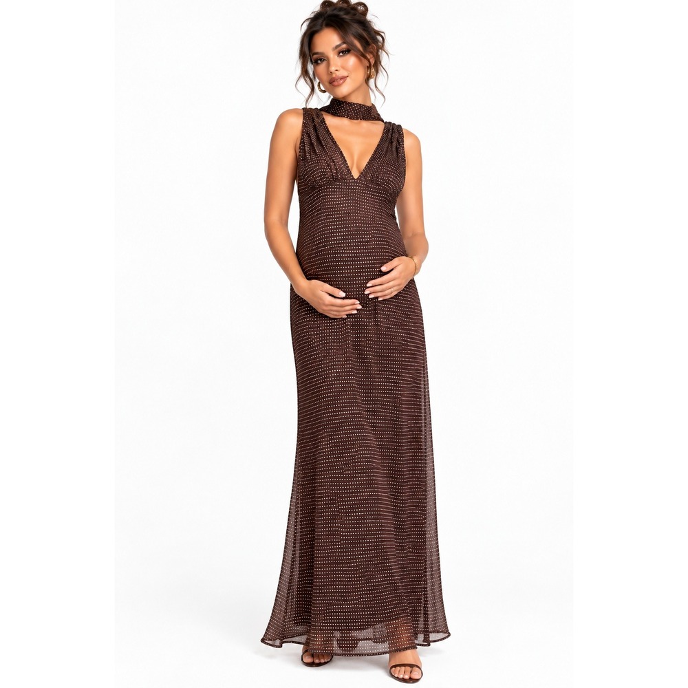 HM Mama Maternite Brown Polka Dot Scarf-Detail Chiffon Maxi Dress Medium NWT